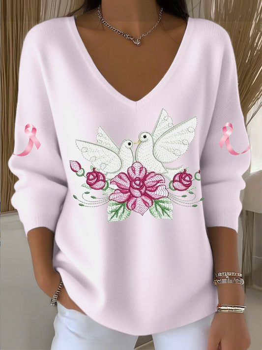 Дамски сладък гълъб бродирани светло розов пуловер v-neck
