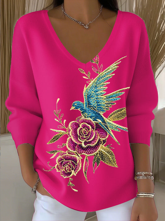 Жените реколта птица и цвете изкуство v-neck top