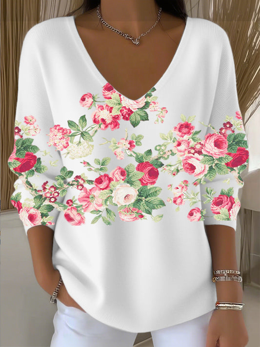 Дамски бял v-neck пуловер с розово розово цветен печат