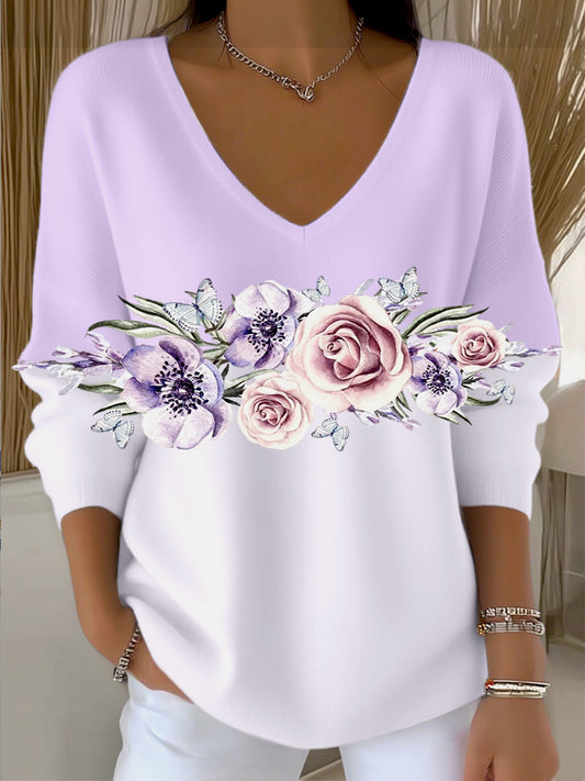 Дамски мечтания лавандула-бял градиент v-neck пуловер с грациозен лилав флорален и пеперуда печат