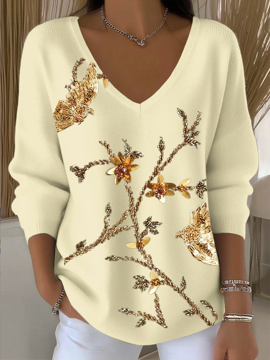 Дамски елегантен крем v-neck пуловер с луксозни златни птичи и флорални пайети