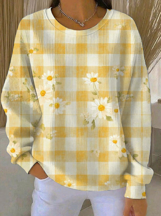 Дамски весел жълт gingham маргаритка печат суитчър