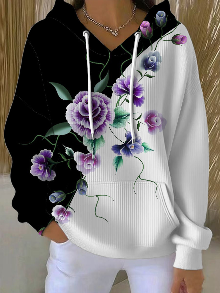 Жените елегантен лилаво цвете печат цвят-блок hoodie