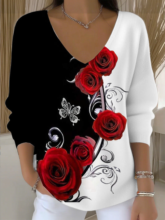 Поразително черно-бяла суитчър с v-neck с червена роза и печат на пеперуда