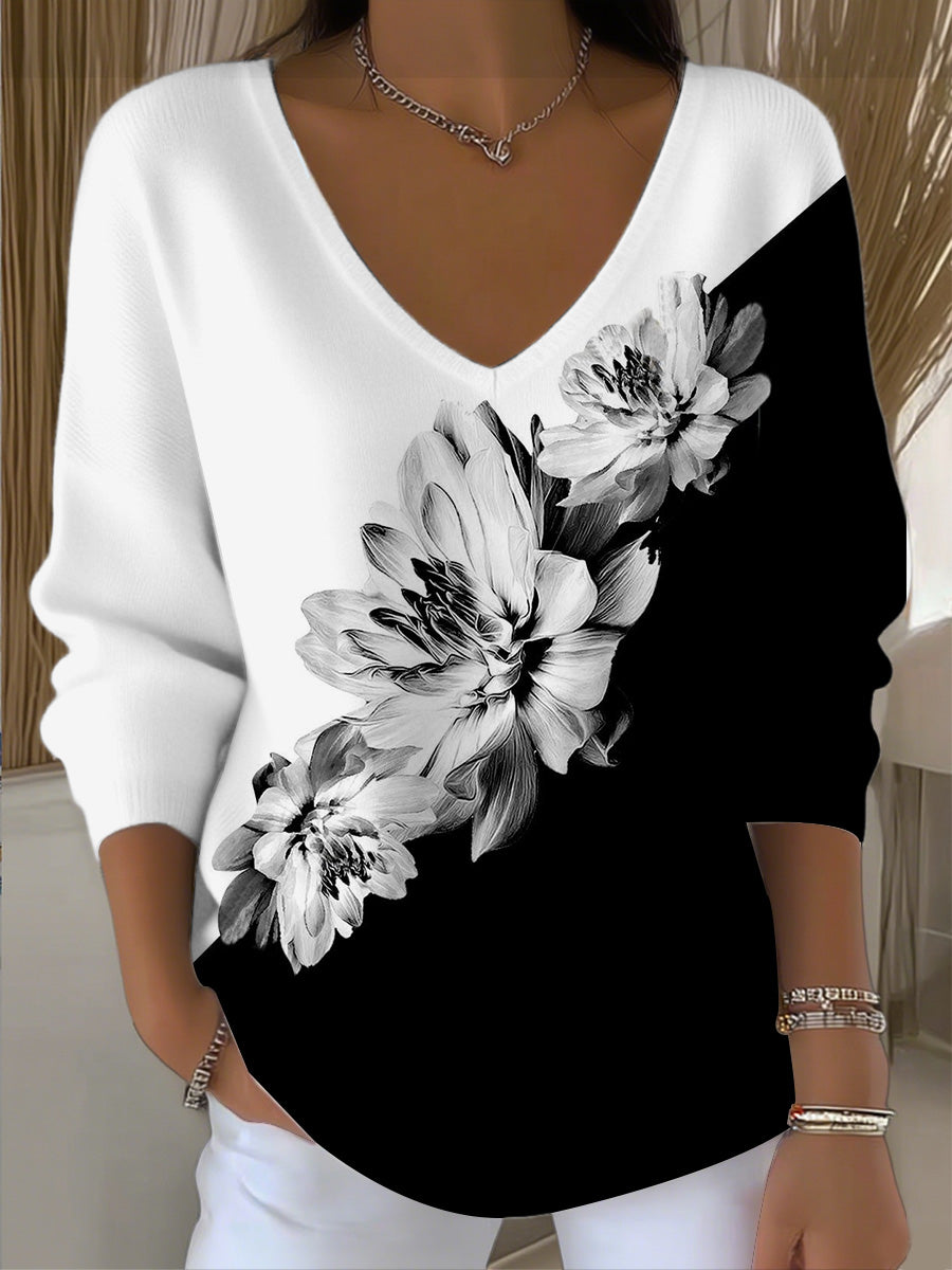 Дамски стилен черно-бял цвят-блок v-neck суитчър с флорален печат