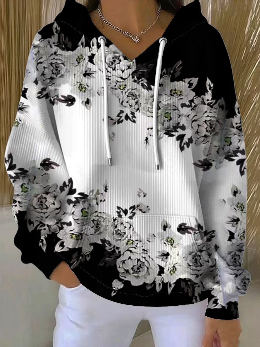 Дамски класически черно-бял цветен печат hoodie