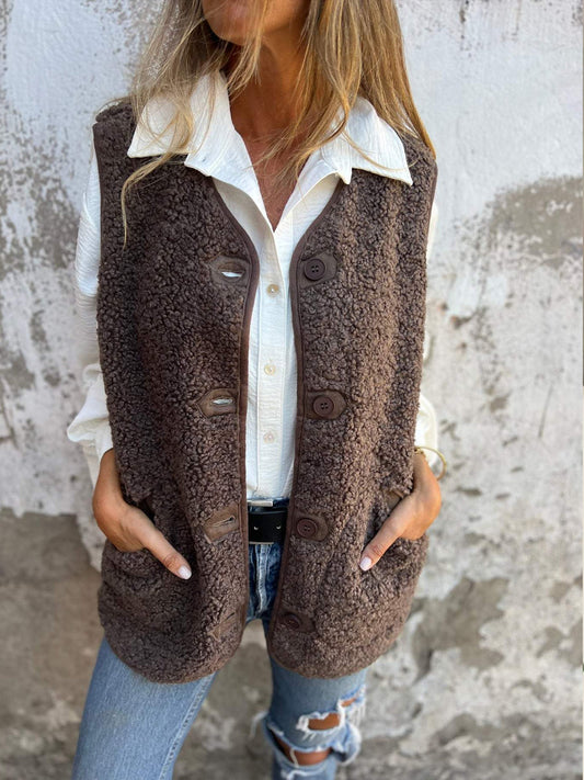 Дамски мода shearling бутон-предна жилетка яке