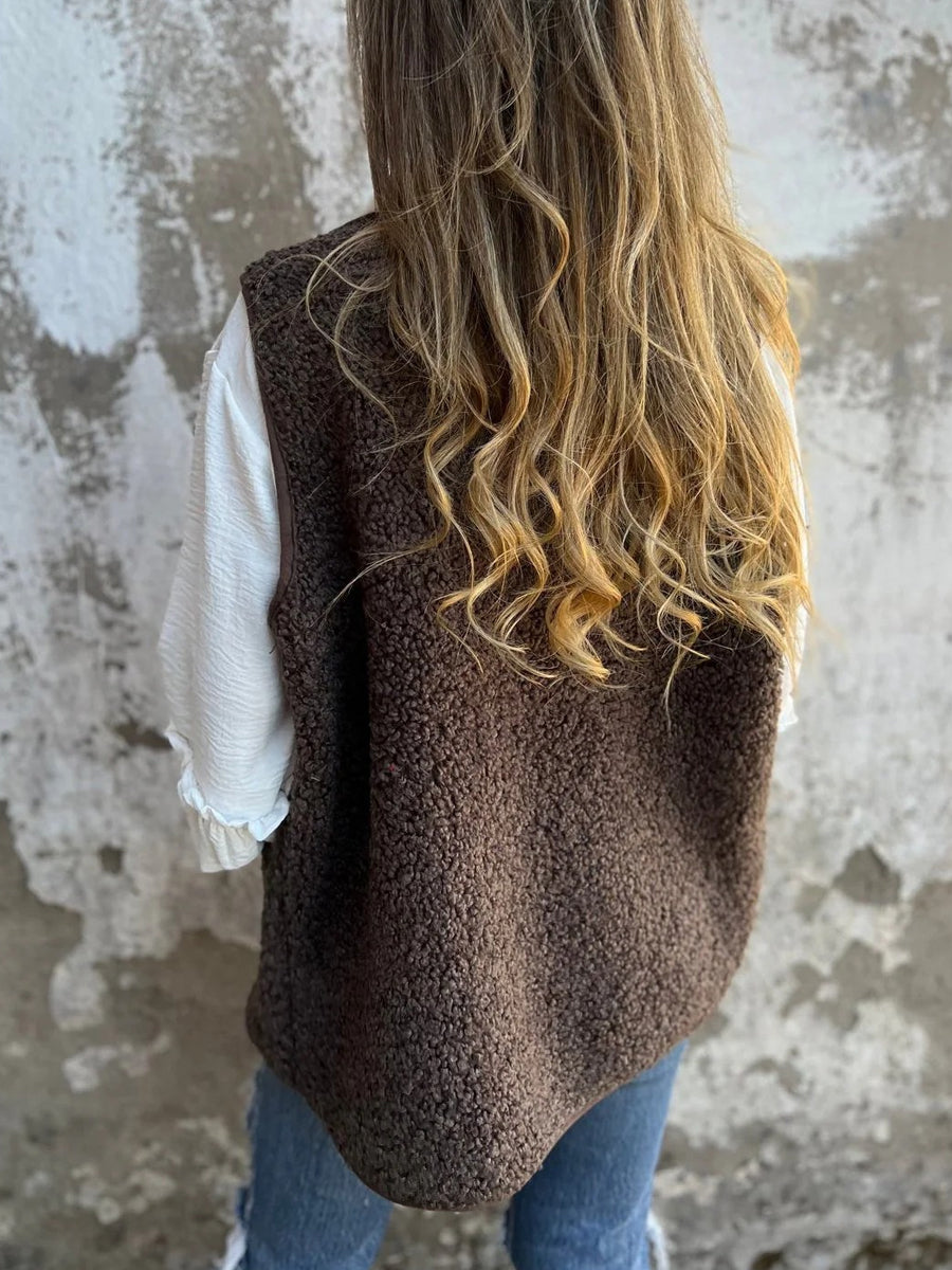Дамски мода shearling бутон-предна жилетка яке