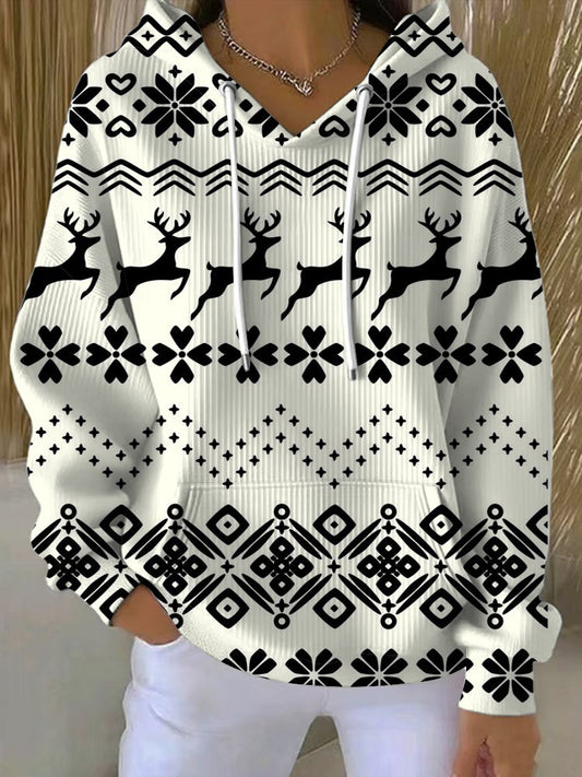 Жените класически черно-бял елени модел hoodie