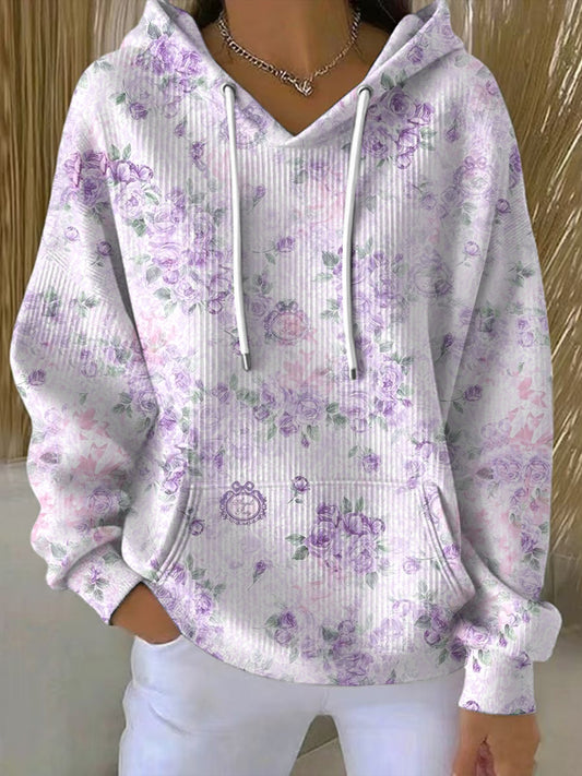 Дамски елегантен лилаво цветен печат hoodie