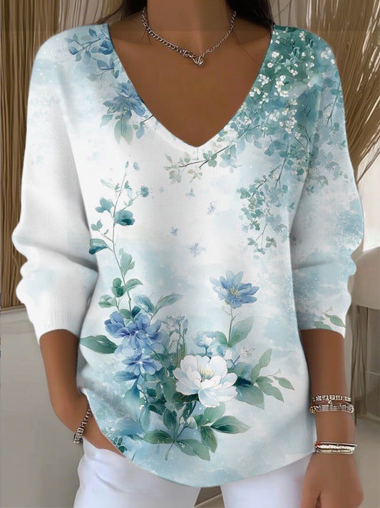 Прясно синьо-бял цветен v-neck пуловер за жени