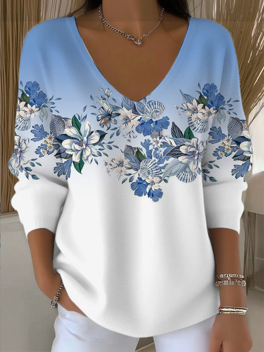 Дамски елегантен синьо-бял цветен v-neck пуловер