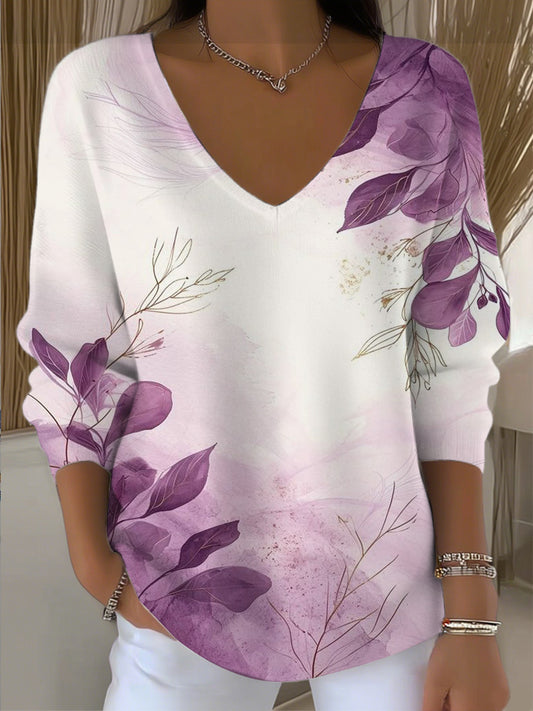 Дамски мечтателен пуловер с лилаво листо v-neck