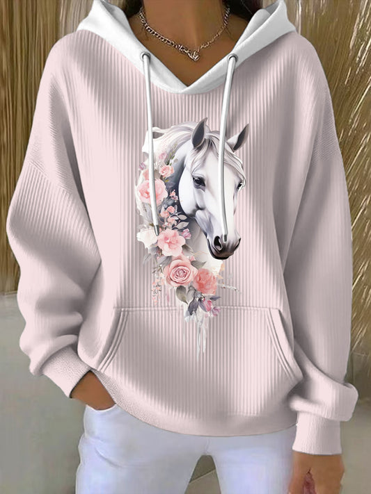 Дамски елегантен конски и флорален печат hoodie