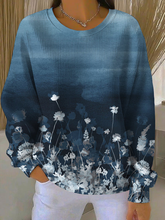 Women's gradient blue floral sweatshirt