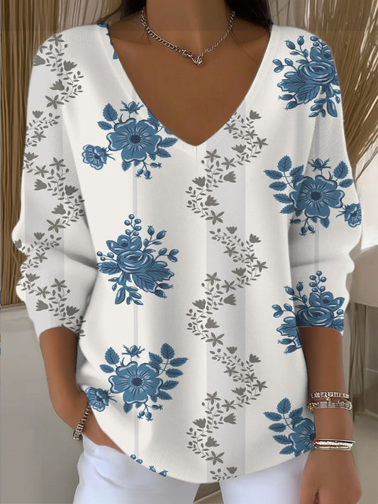 Жените син флорален модел v-врата пуловер