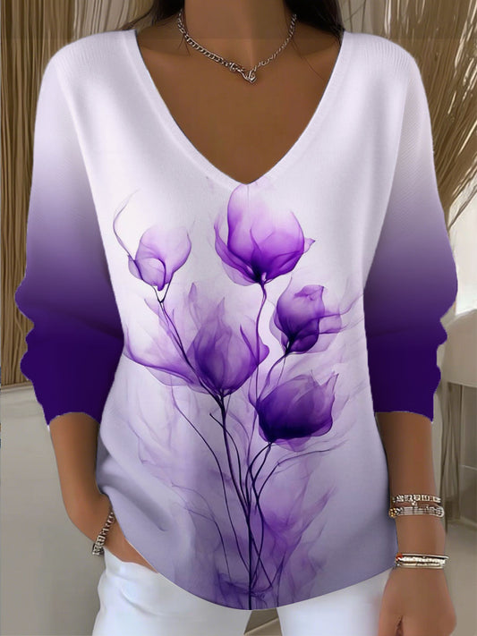 Жените лилаво флорален градиент v-врата пуловер