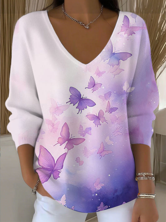Жените лилаво пеперуда печат v-врата пуловер
