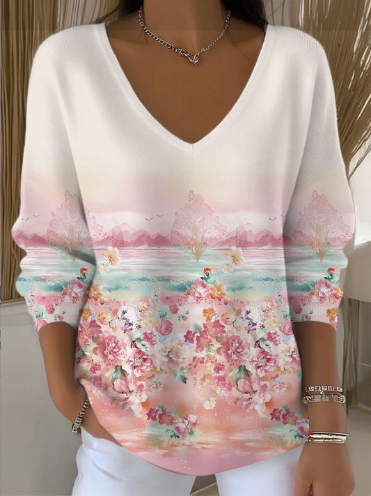 Дамски мечтания цветен пейзаж v-врата пуловер