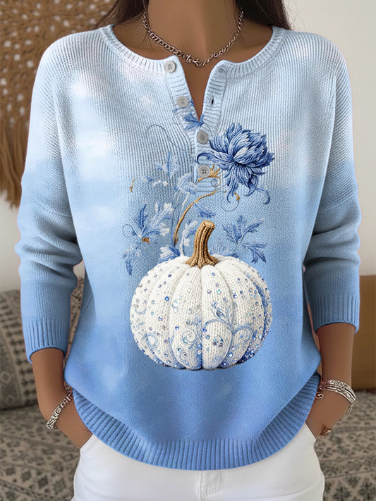 Жените благодарност градиент тиква флорални изкуство v-neck top