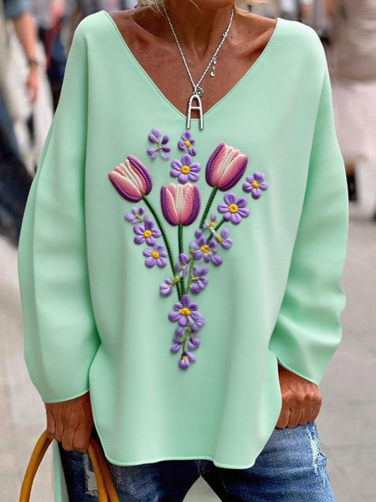 Жените реколта изкуство флорален печат комфорт топ