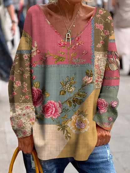 Жените реколта изкуство флорален печат комфорт топ