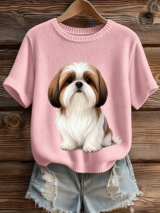 Жените артистични животински печат удобен плетене с къс ръкав отгоре