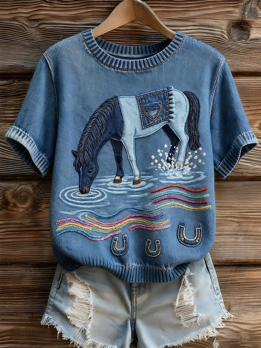 Жените артистични животински печат удобен плетене с къс ръкав отгоре