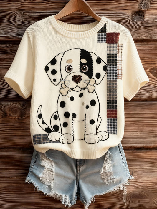 Жените артистични животински печат удобен плетене с къс ръкав отгоре