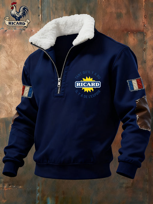 Мъжки реколта френски флаг ricard случайни цип-нагоре козина яка суитчър