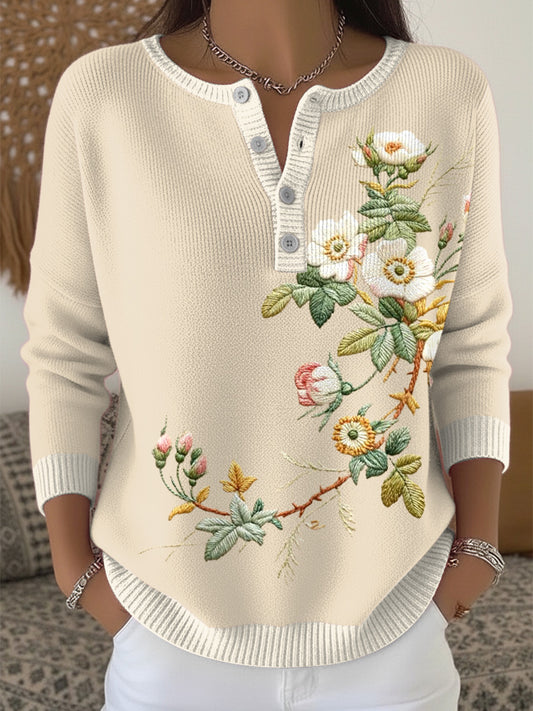 Жените цветна бродерия елегантност хенли врата пуловер