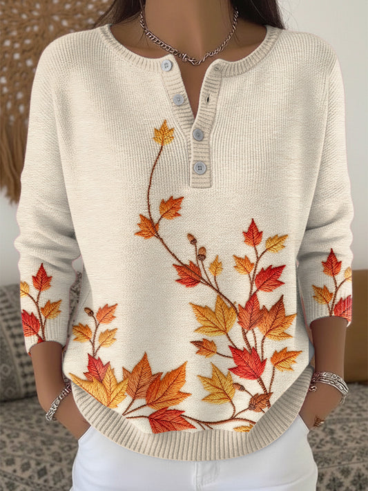 Жените благодарност кленов лист хенли врата пуловер