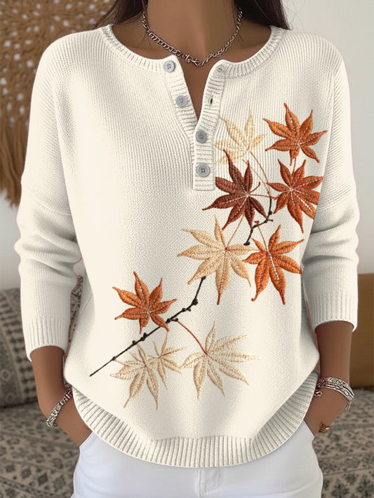 Жените благодарността клен лист 3d henley врата пуловер