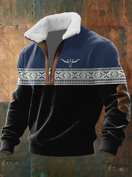 Мъжки ретро западна изкуство печат случайни цип козина яка суитчър