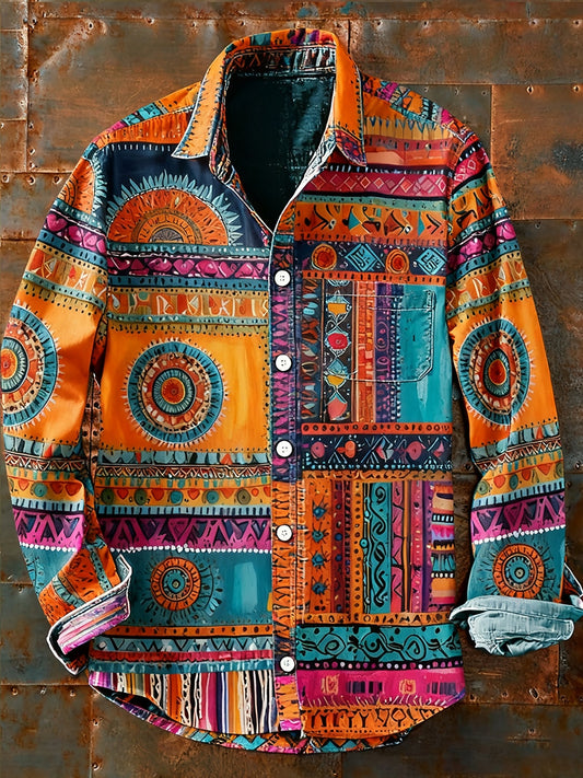 Мъжки ретро абстрактно изкуство печат случайни с дълги ръкави риза