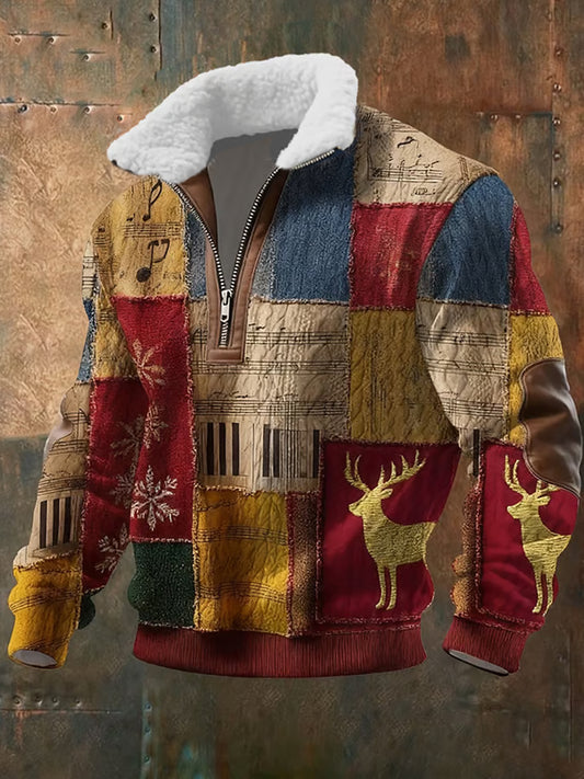 Мъжки ретро коледа изкуство печат случайни цип козина яка суитчър