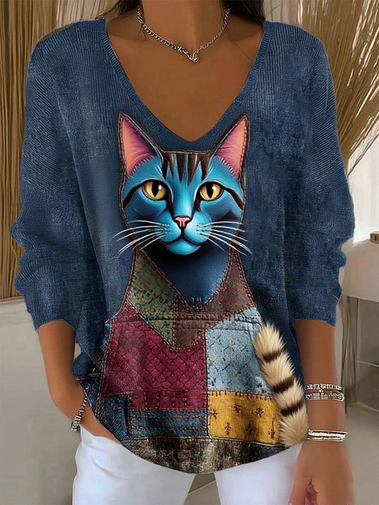 Жените ретро животински печат случайни дълги ръкави отгоре