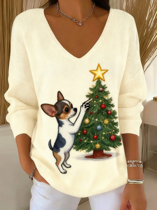 Жените реколта коледа животински печат случайни дълги ръкави топ