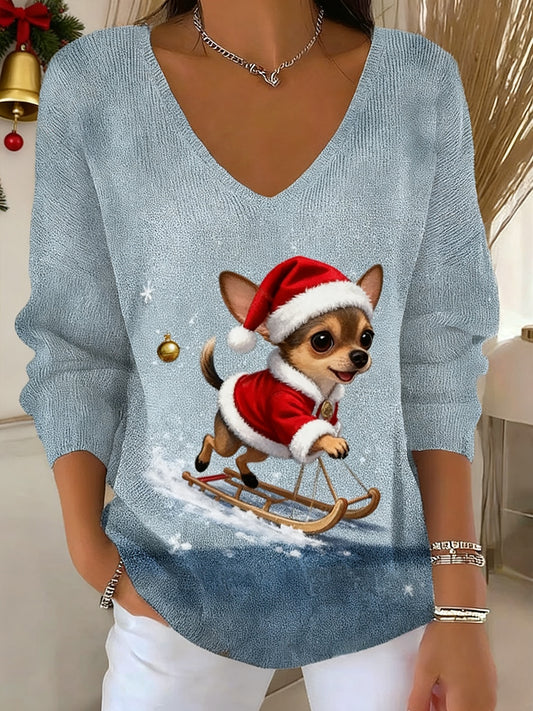 Жените реколта коледа животински печат случайни дълги ръкави топ