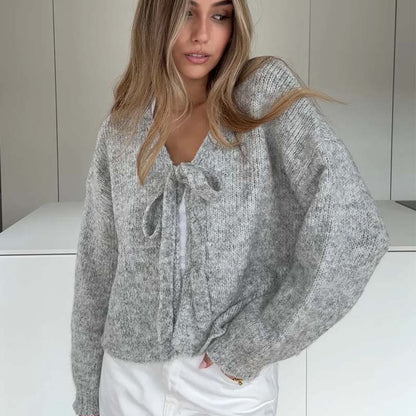 V-Neck Knit Bow Cardigan