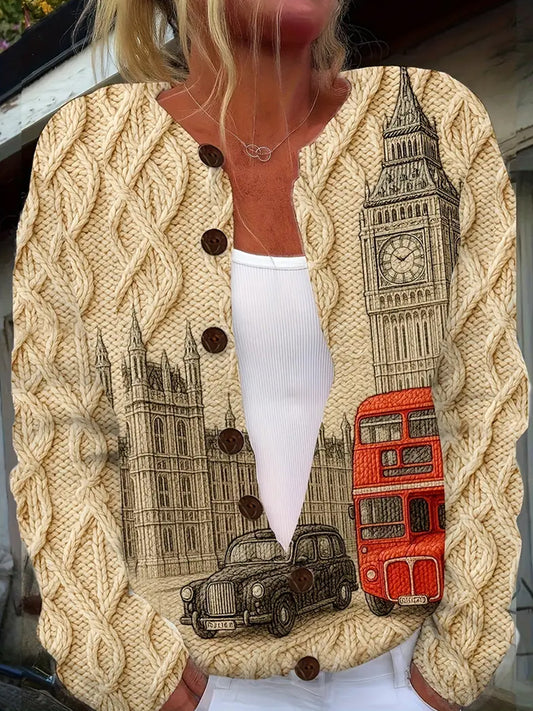 Жените реколта коледа изкуство печат уютен пуловер яке