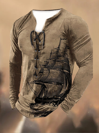 Мъжки ретро печат дантела с качулка с дълги ръкави случайни отгоре