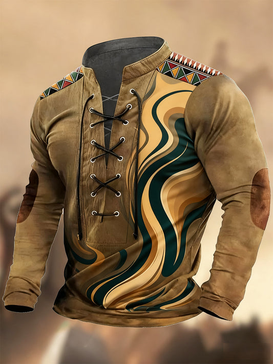 Реколта западна изкуство печат страна стил v-врата henley с дълги ръкави риза