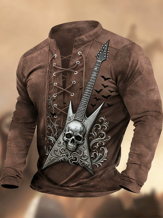 Реколта западна изкуство печат страна стил v-врата henley с дълги ръкави риза