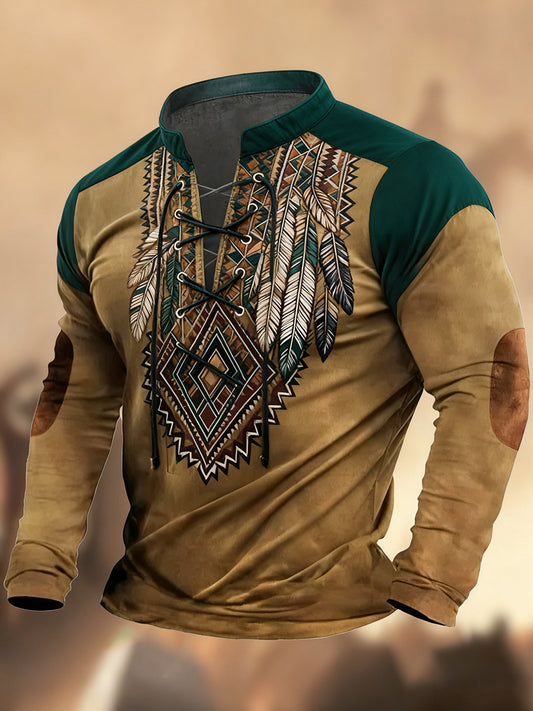 Реколта западна изкуство печат страна стил v-врата henley с дълги ръкави риза