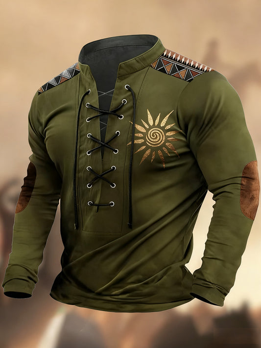 Реколта западна изкуство печат страна стил v-врата henley с дълги ръкави риза