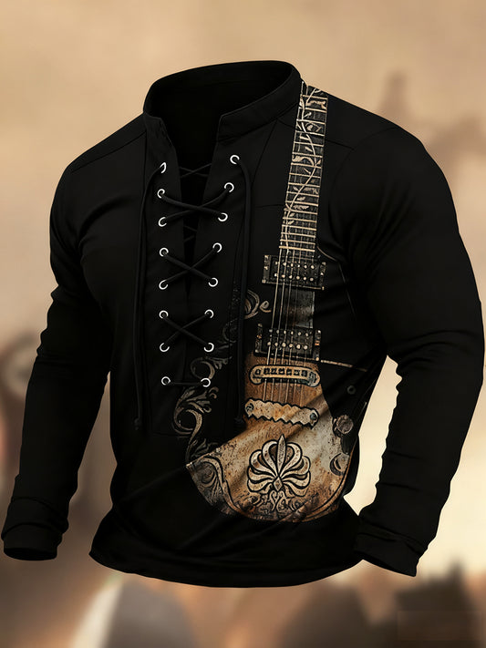 Реколта западна изкуство печат страна стил v-врата henley с дълги ръкави риза