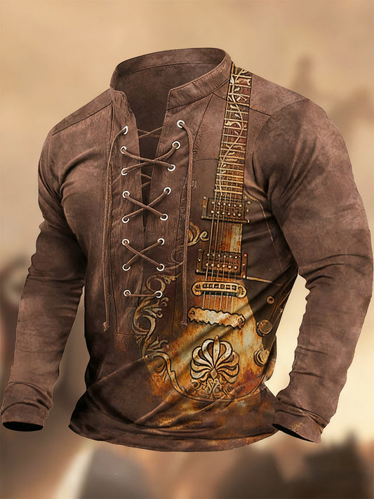 Реколта западна изкуство печат страна стил v-врата henley с дълги ръкави риза