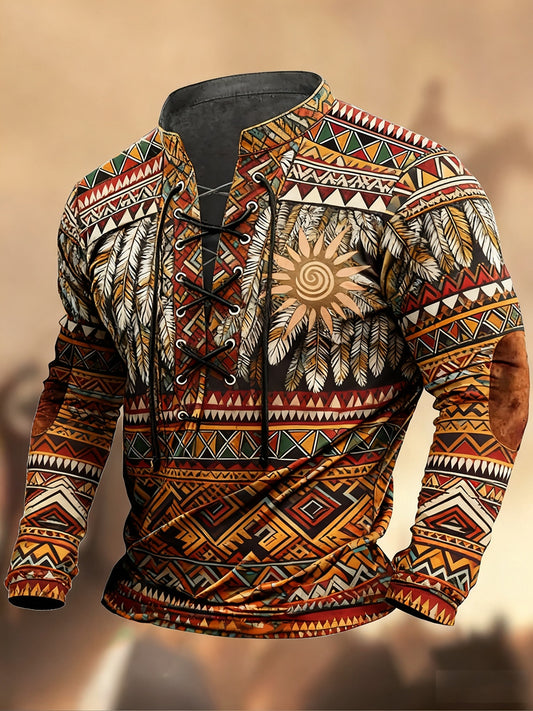 Реколта западна изкуство печат страна стил v-врата henley с дълги ръкави риза