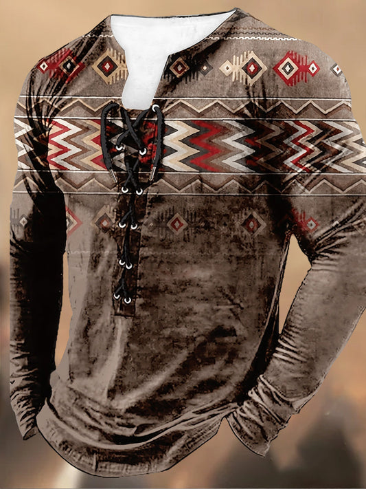 Мъжки ретро печат дантела с качулка с дълги ръкави случайни отгоре